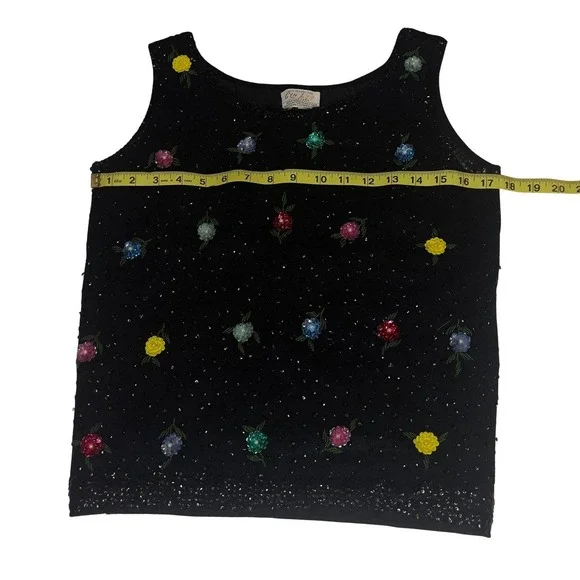 Vintage Sleeveless Sweater - Cyn Les Hand Beaded Sequin Rosette Black - Size 36 - Picture 5 of 11